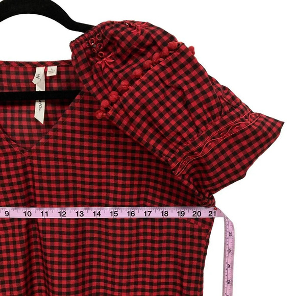 NY Collection Checked Plaid Top, Size Large, Black & Red, Eyelet, Pom-Poms - Picture 6 of 7